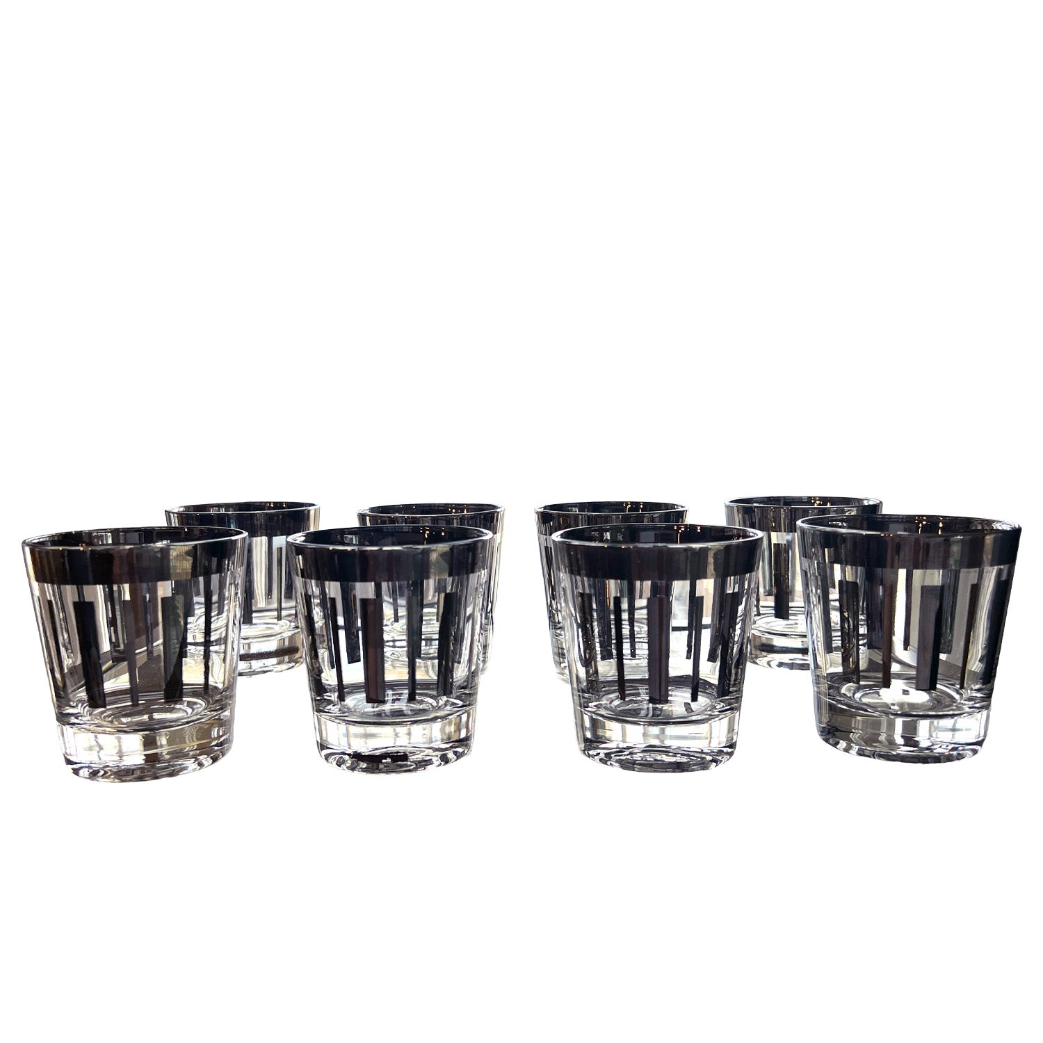 Vintage Barware Set of 8 lowballs with Silver Chrome Design, gypsyhousedesign.com