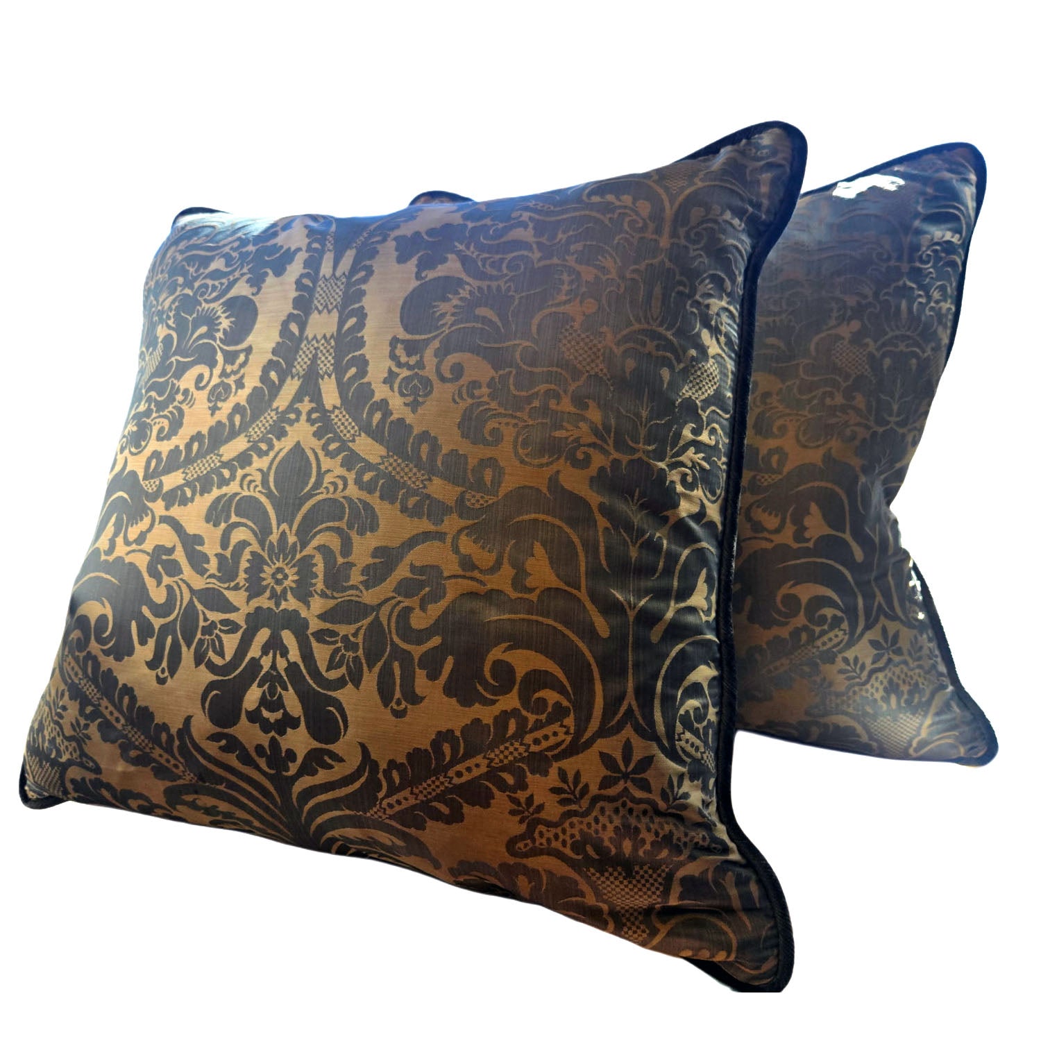 Pair of Blue & Gold Silk Damask Decorative Pillows, gypsyhousedesign.com