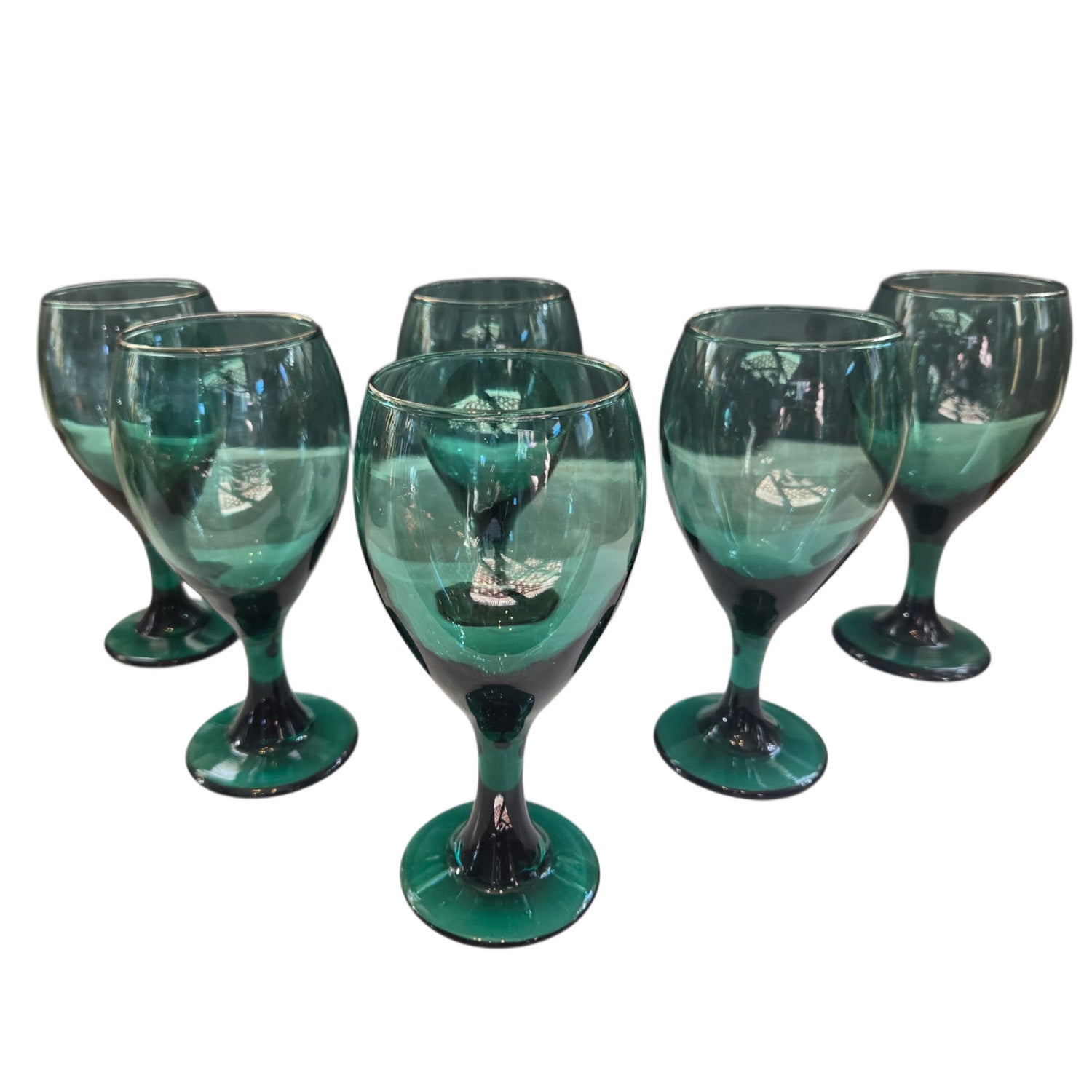 Vintage Teal Green Wine Glasses Faint Gold Rim detail, gypsyhousedesign.com